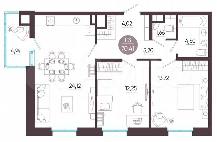 2-к. квартира, 70,4 м², 4/10 эт.