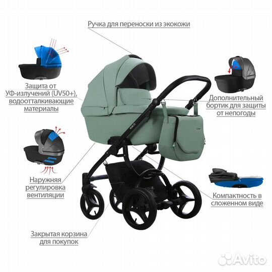 Коляска 2 в 1 Bebetto Luca PRO 07, мятно-зеленая