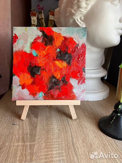 Картина маслом красные маки букет цветов с рамой