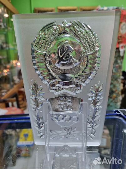 Плакетка - пресс-папье стекло Большая Герб СССР