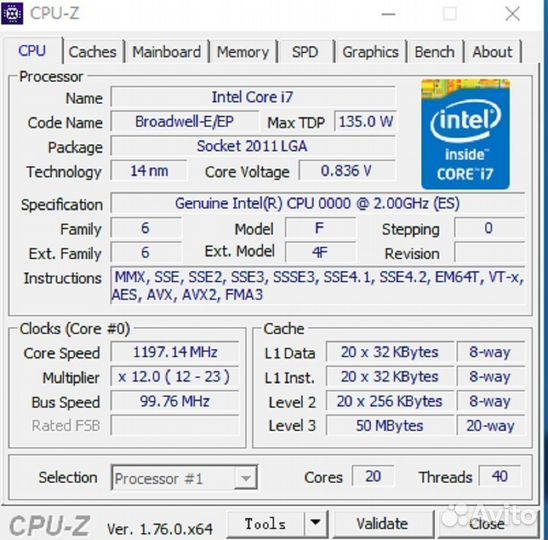 Intel Xeon E5 2698V4 ES 2.0GHz 50M 20Core
