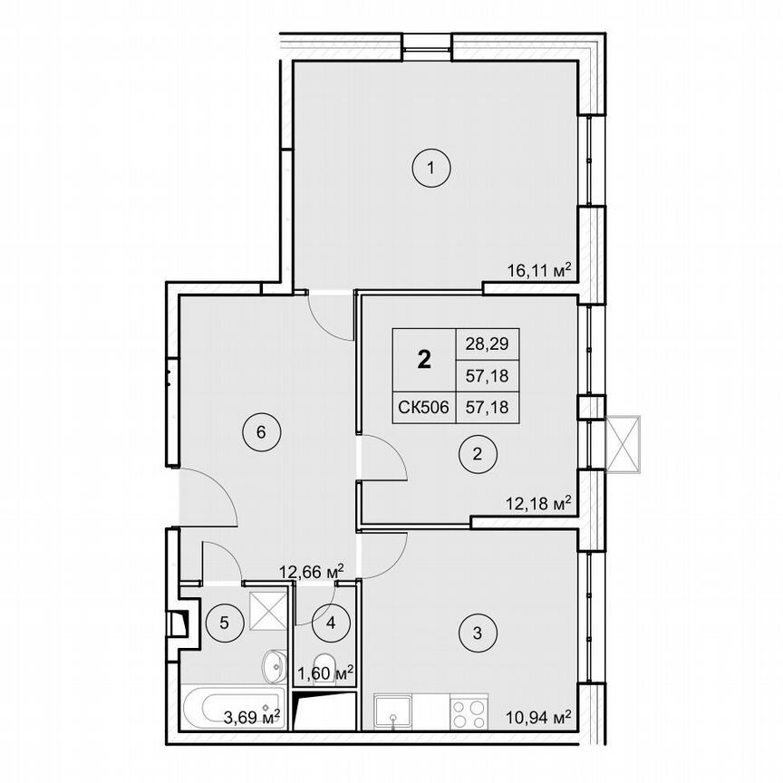 2-к. квартира, 57,2 м², 5/12 эт.