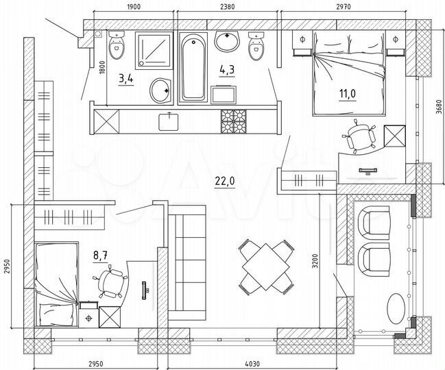 Своб. планировка, 60,5 м², 11/15 эт.