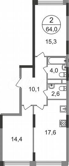 2-к. квартира, 64 м², 7/17 эт.