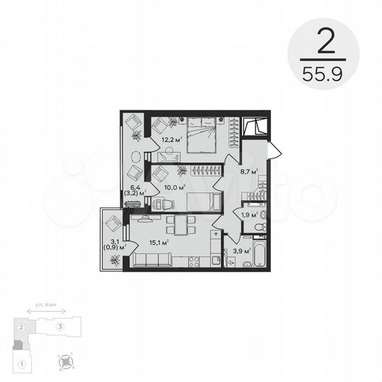 2-к. квартира, 55,9 м², 3/12 эт.