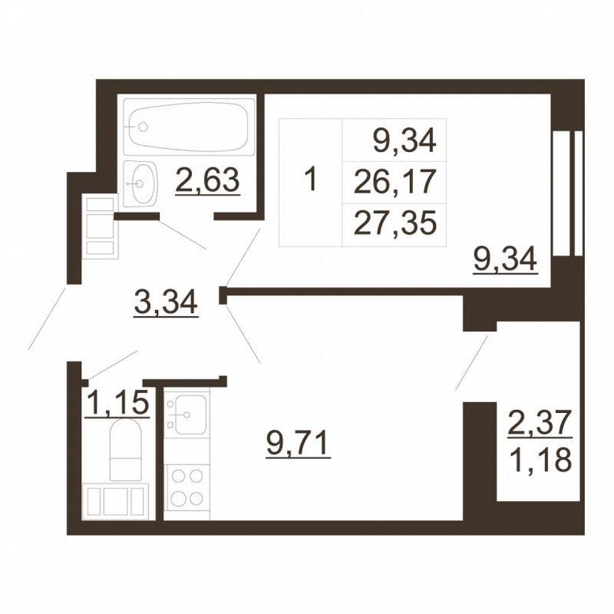1-к. квартира, 27,4 м², 2/6 эт.