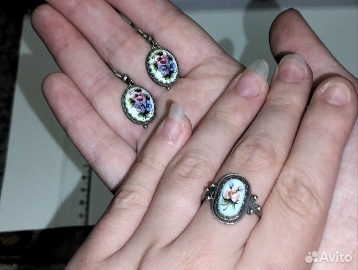 Кольцо, серьги, подвеска финифть