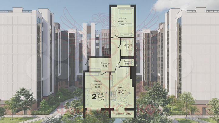 2-к. квартира, 69,4 м², 8/10 эт.