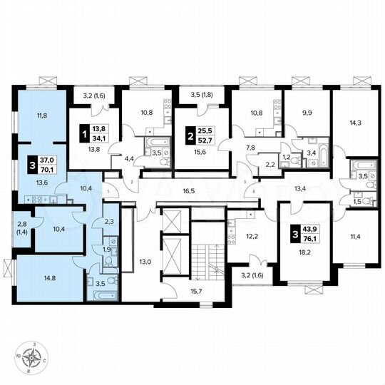 3-к. квартира, 70,1 м², 13/22 эт.
