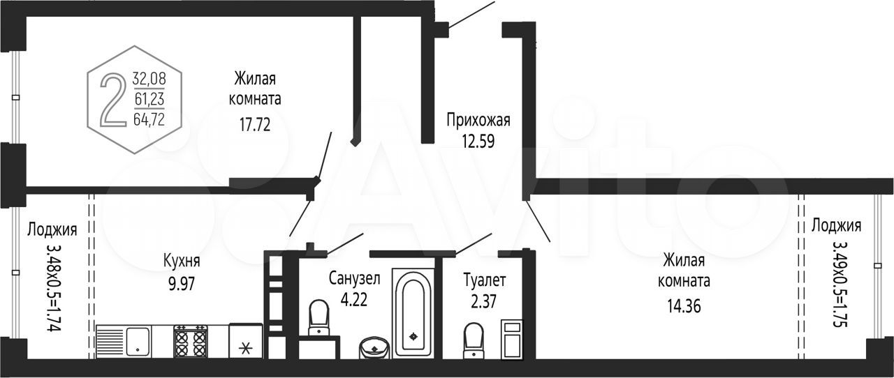 2-к. квартира, 64,7 м², 3/24 эт.