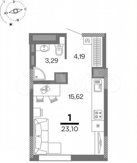 1-к. квартира, 23,1 м², 4/25 эт.