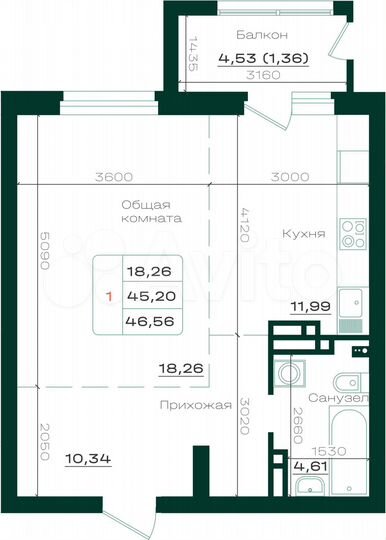 1-к. квартира, 46,6 м², 14/17 эт.