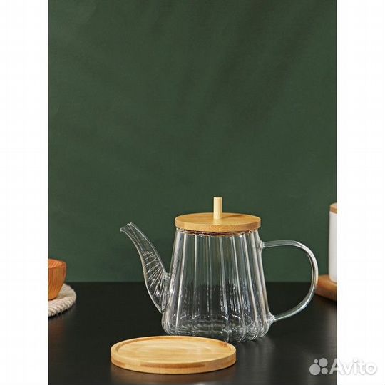 Чайник стеклянный заварочный с бамбуковой крышкой