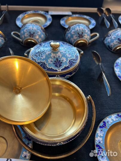 Серебряный чайный сервиз с эмалями 6 кг