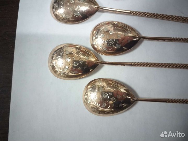Чайные ложки витые серебро позолота СССР 875 пр