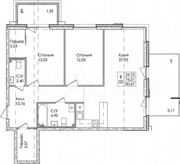 2-к. квартира, 80,7 м², 1/4 эт.