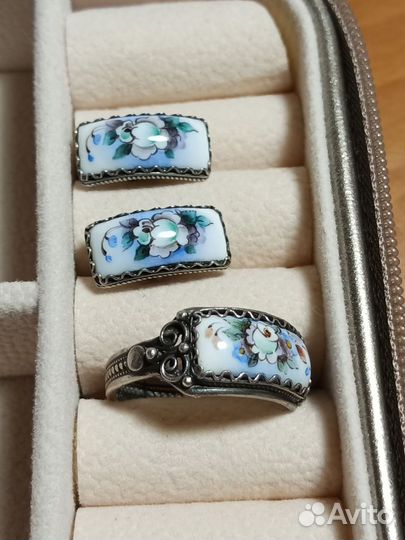 Серьги и кольцо мельхиор, финифть. СССР винтаж
