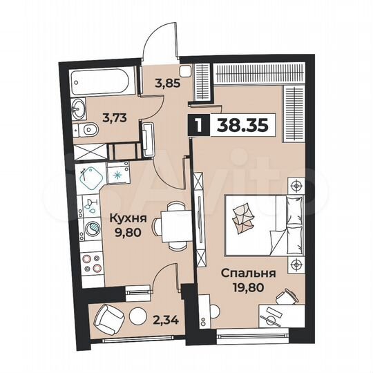 1-к. квартира, 38,4 м², 9/14 эт.