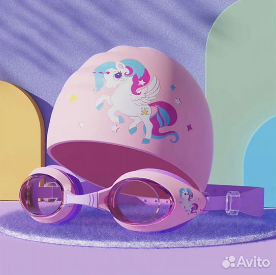 Очки и шапочка для плавания единорог