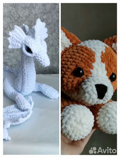 Мягкие вязаные игрушки дракон, корги (ручная раб)