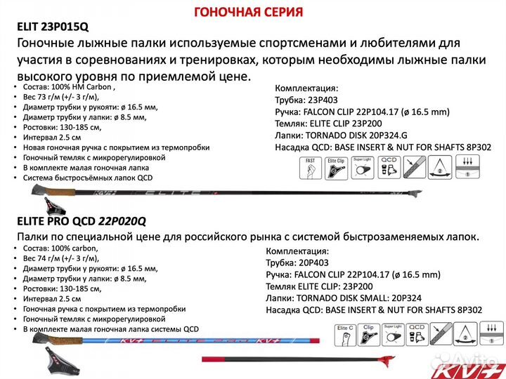 Палки лыжные KV+ Elite PRO QCD 23/24, Tornado и др