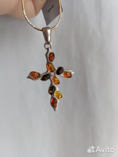 Крест подвеска серебро с янтарем