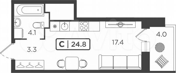 Квартира-студия, 24,4 м², 3/24 эт.