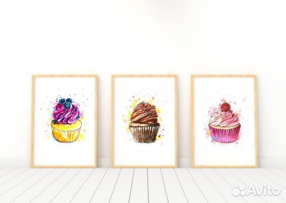 Набор картин А4 акварель пирожные маффины