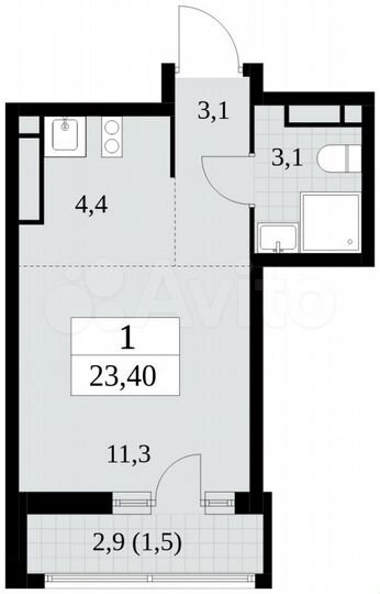 Квартира-студия, 23,4 м², 14/15 эт.