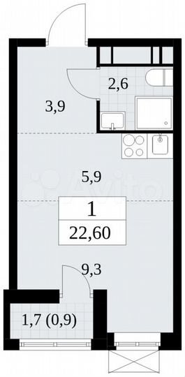 Квартира-студия, 22,6 м², 14/16 эт.