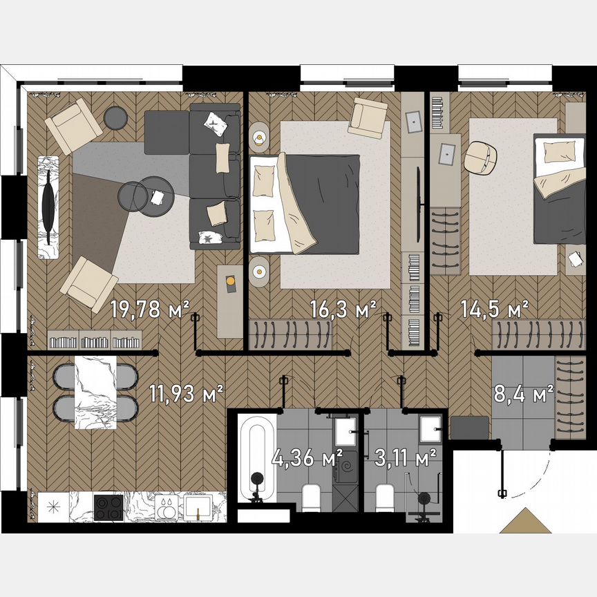 3-к. апартаменты, 81,1 м², 3/23 эт.