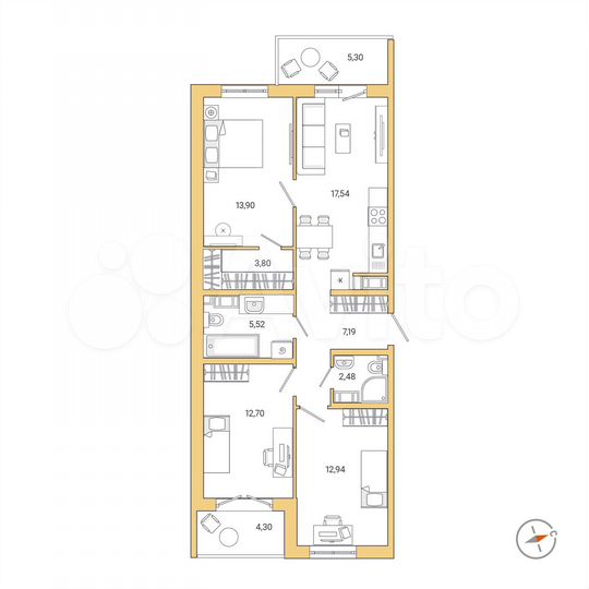 3-к. квартира, 79,8 м², 3/9 эт.