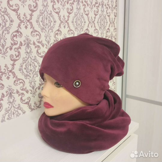 Набор велюровый шапка + снуд, размер на 56-58