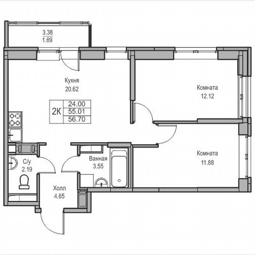 2-к. квартира, 56,7 м², 3/23 эт.