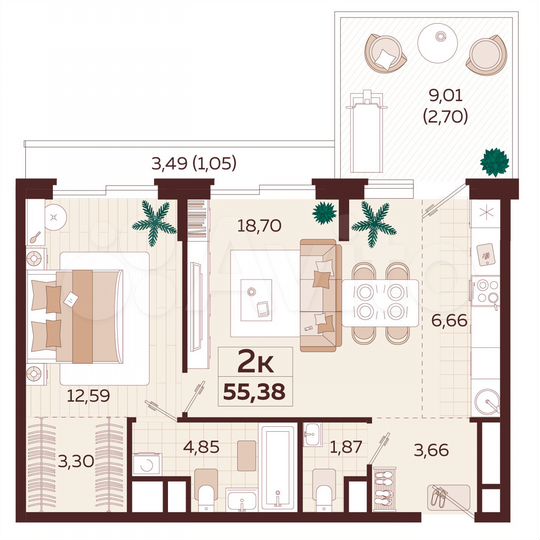 2-к. квартира, 54,4 м², 3/6 эт.