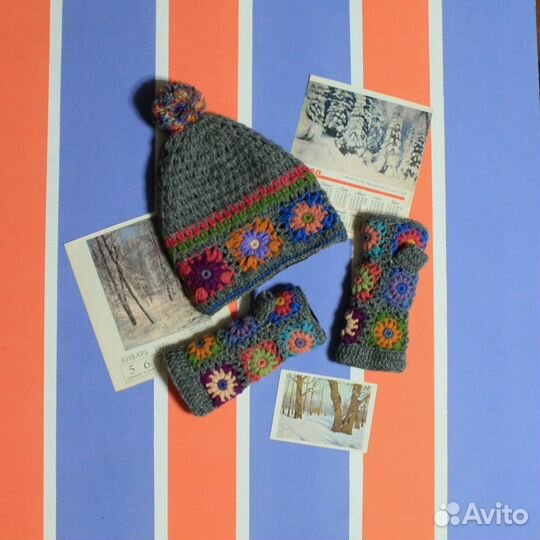 Комплект шерстяная шапка варежки митенки handmade