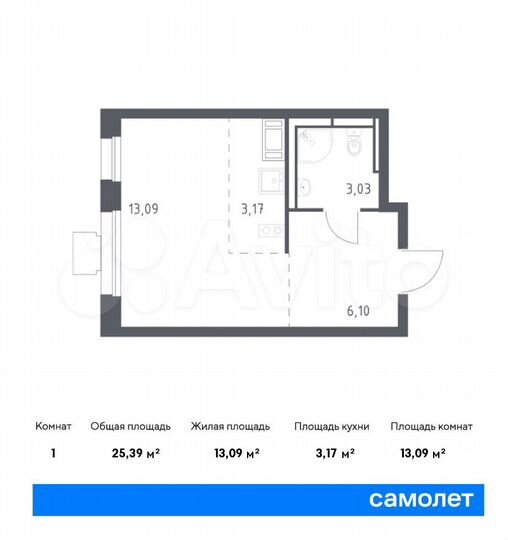 Квартира-студия, 25,4 м², 15/17 эт.