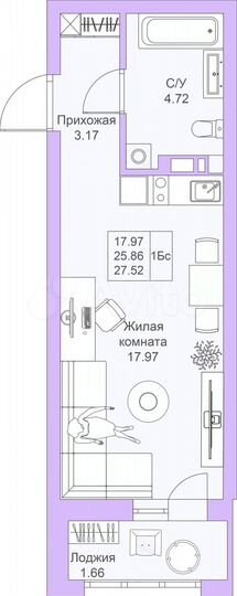 Квартира-студия, 27,5 м², 9/25 эт.