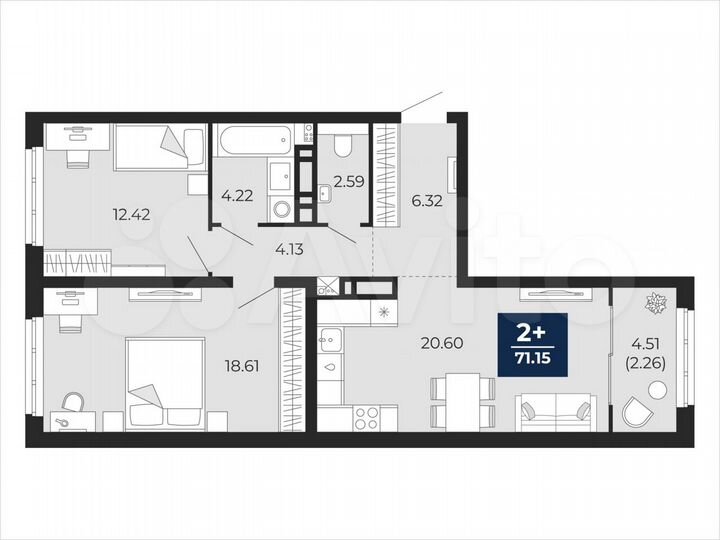 2-к. квартира, 71,2 м², 2/21 эт.