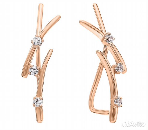Золотые серьги каффы с фианитами 585 проба