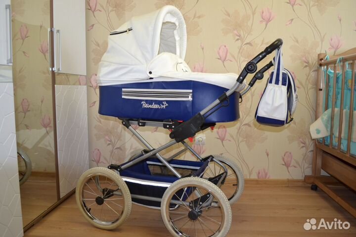 Коляска Reindeer Leather Collection синяя/белая