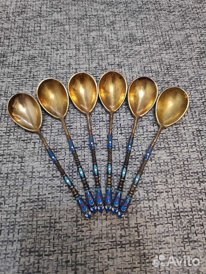 Набор чайных ложек, серебро 84 пробы, эмаль