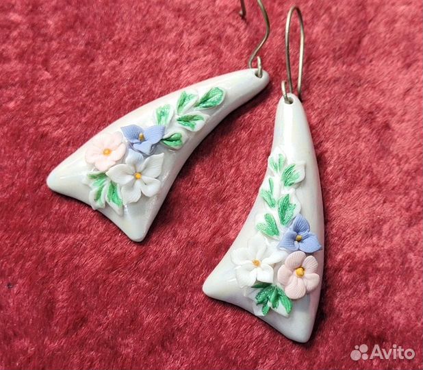 Серьги Цветы лепнина фарфор 47*21 мм