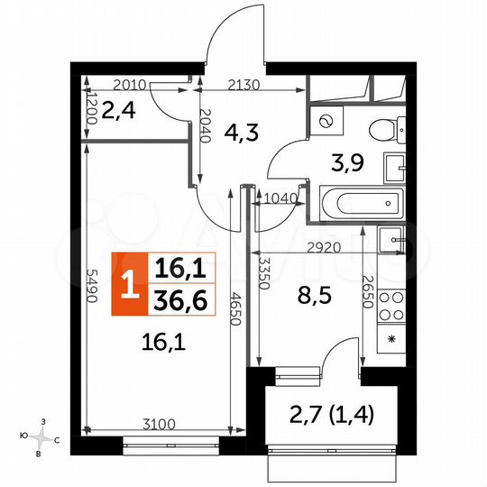 1-к. квартира, 36,6 м², 10/16 эт.