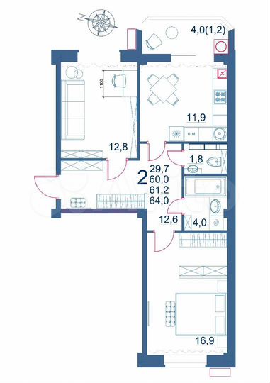 2-к. квартира, 64 м², 8/9 эт.