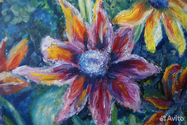 Картина маслом, осенние цветы