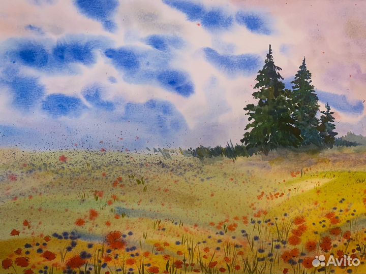 Картина акварель Летний пейзаж 30*40