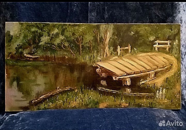 Пруд Лес Скамейка Мостик Картина Маслом 20х40