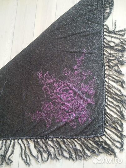 Шарф Косынка Черный Серебро Люрекс Япония Розы