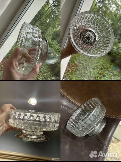 Ваза конфетница сахарница стекло хрусталь мельхиор